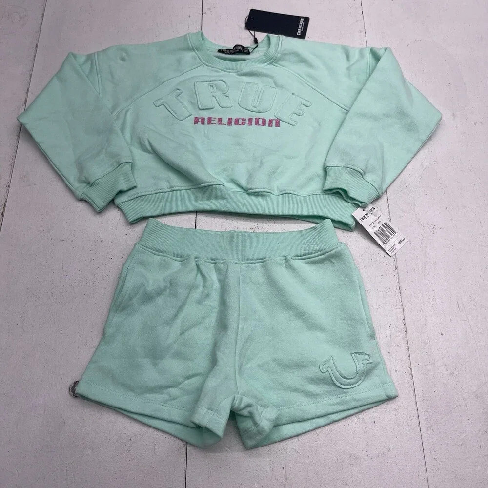 True Religion Mint Blue Logo Pullover Sweatshirt & Shorts Outfit Youth Girls 6x